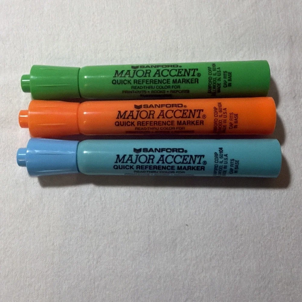 Vintage Sanford Major Accent Highlighters Set Broad Point Dk Blue Lt Blue Orange